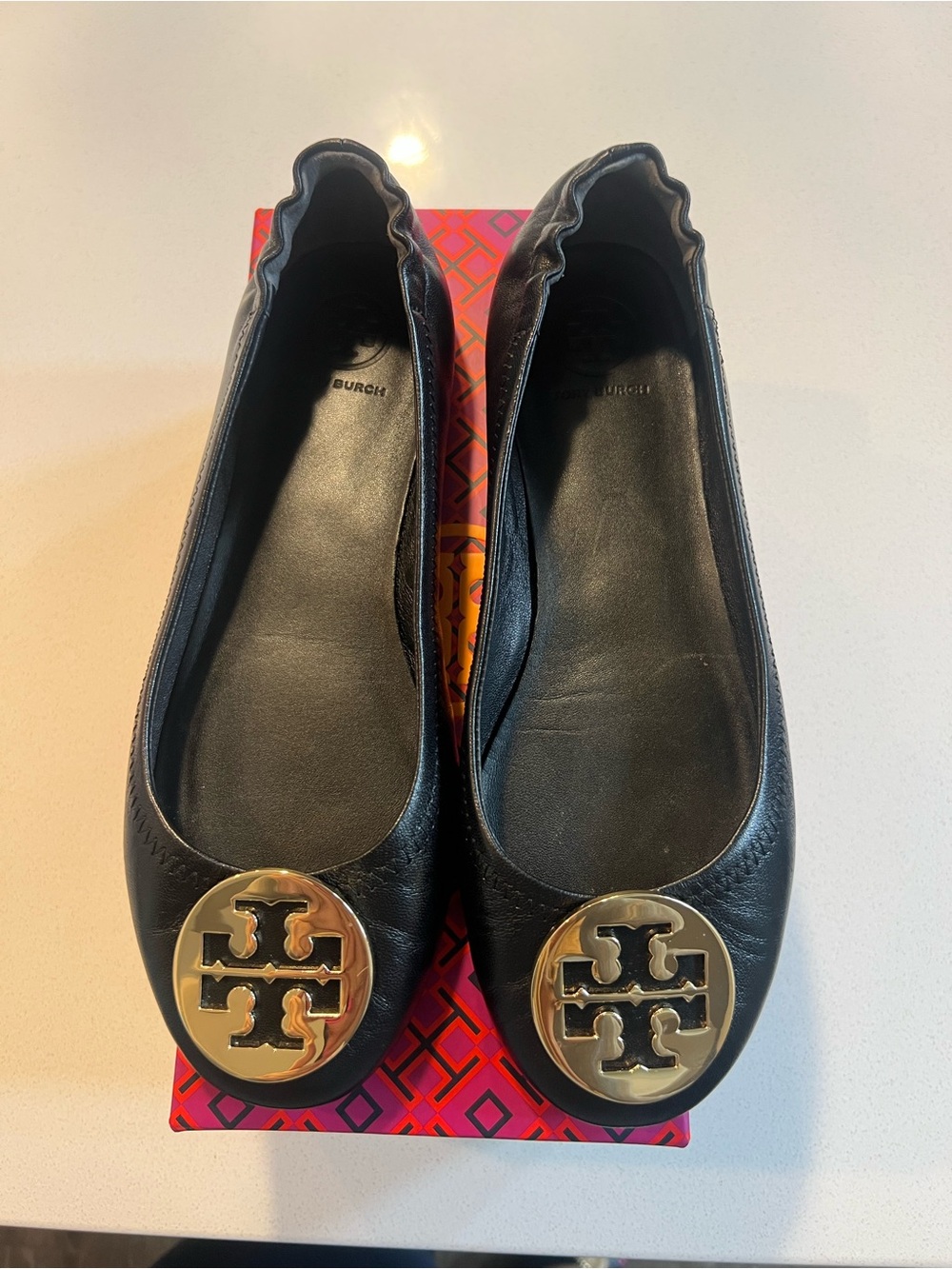 Tory Burch Minnie Travel Ballet Flats Black Gold Size 7.5